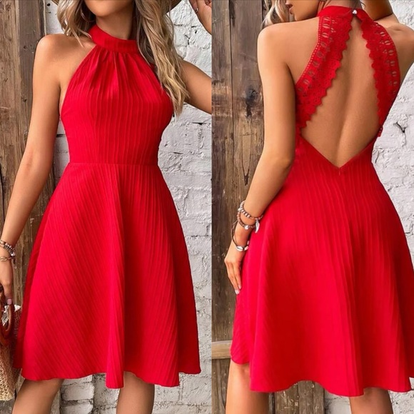 Boho lace panel open back halter dress - Picture 1 of 6